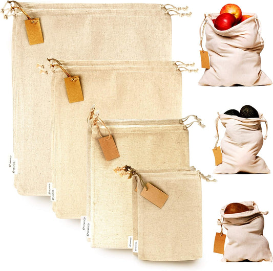 LEAFICO Muslin Cloth Bags with Drawstrings - Set of 8 (S, M, L, XL) - Reusable Natural Cotton Bags for Bulk Food Storage - Canvas Fabric Sachets