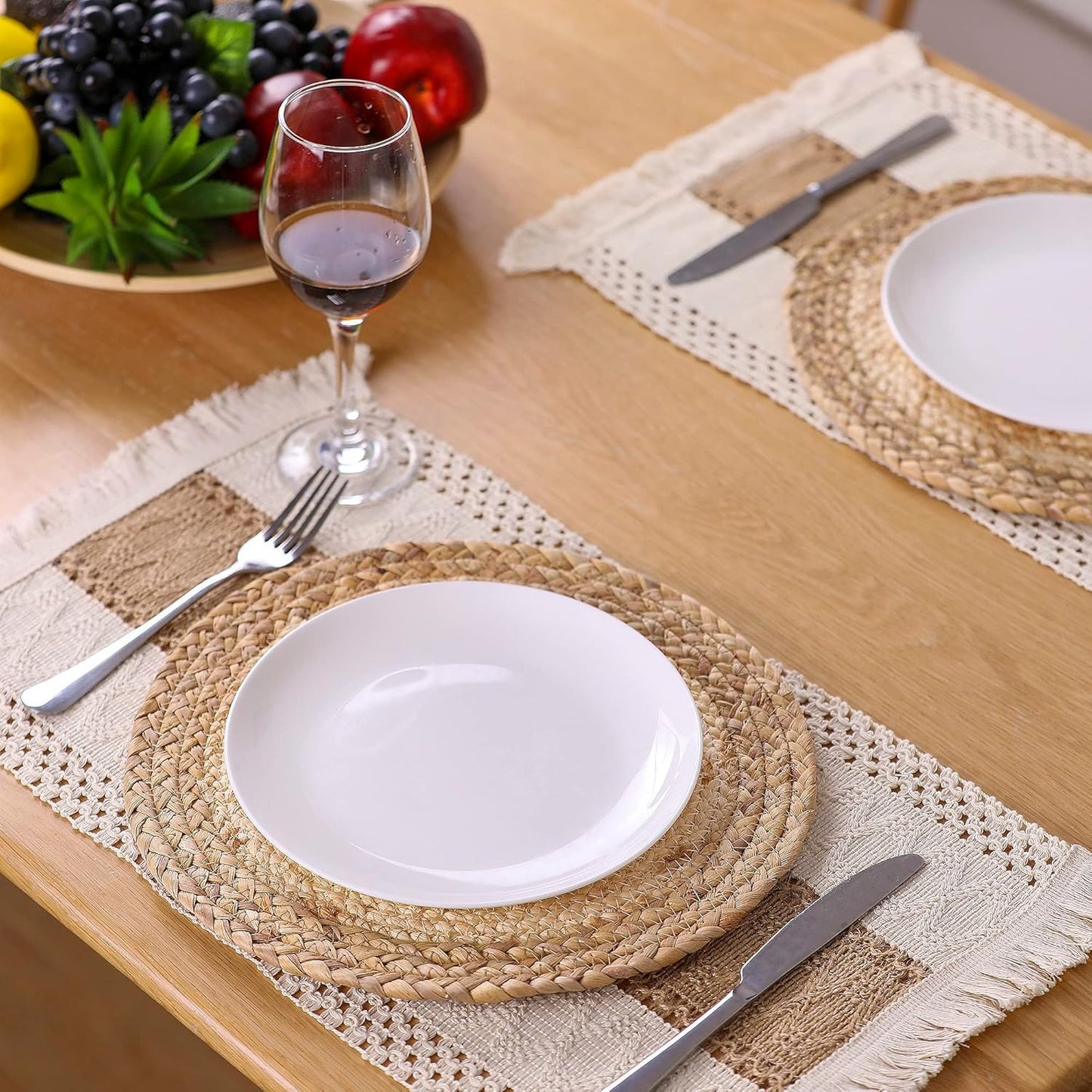 Handmade Boho Placemats Set of 6 - Natural Cotton Burlap and Water Straw Woven Combination Table Mats, Macrame Décor and Farmhouse Style Placemats, for Dining Table Kitchen
