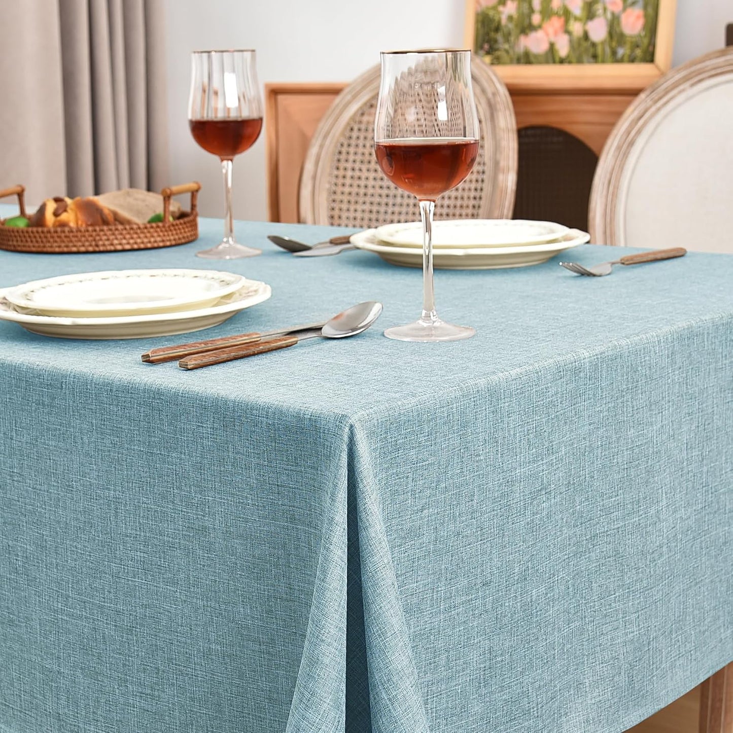 Fitable Faux Linen Table Clothes 2 Pack, Waterproof Fabric Tablecloths for Rectangle Tables, Rustic Holiday Table Covers for Kitchen Dining, Party, Farmhouse (Turquoise, 54 x 78 Inch)