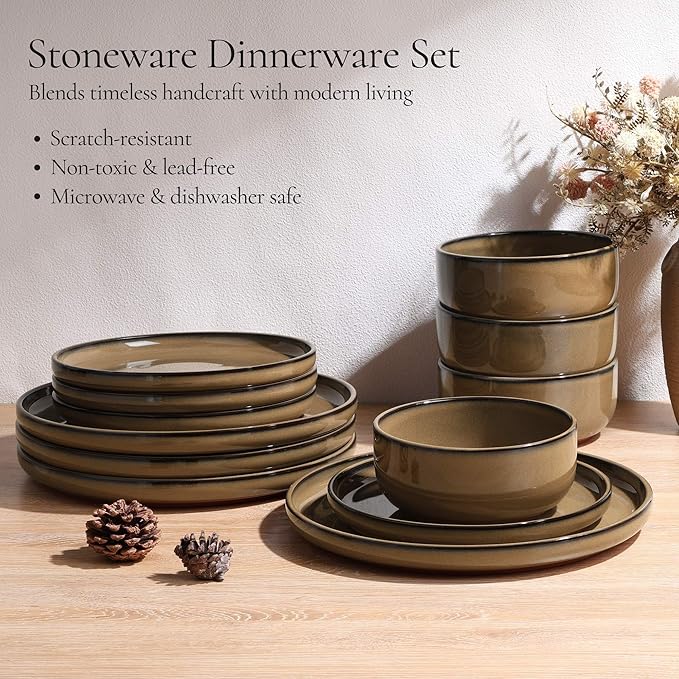 E-far Stoneware Dinnerware Sets for 4, 12 Pieces Reactive Glaze Plates and Bowls Sets, Elegant Dishes with Rustic Terracotta Base, Dishwasher & Microwave Safe, Scratch Resistant, Deep Camel