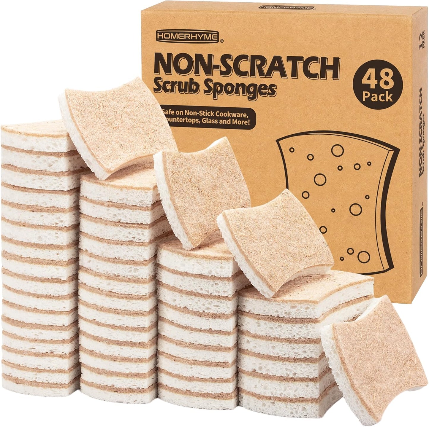 HOMERHYME Natural Dish Sponge 48 Pack, Non-Scratch Scrub Sponge, Eco Multipurpose Kitchen Sisal Fiber Cellulose Sponge, Odor-Less Dual-Sided for Dish Washing & Household Cleaning