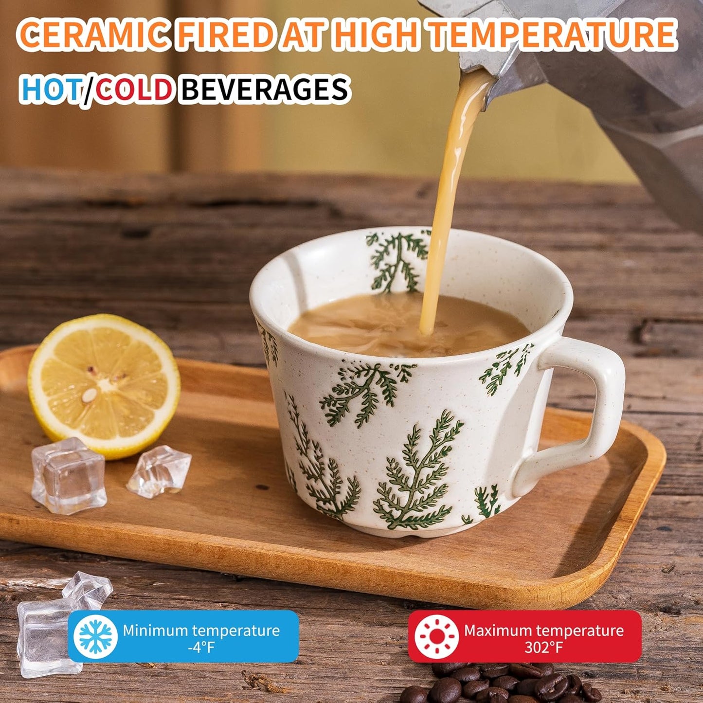 Ceramic Mugs Set of 4, 11oz Cups Set & 4 Gold Spoons, Large Coffee Mugs, Unique Embossment Plant Cups for Latte Tea Cappuccino Mocha Cocoa, Housewarming Wedding Gifts Microwave Dishwasher Safe