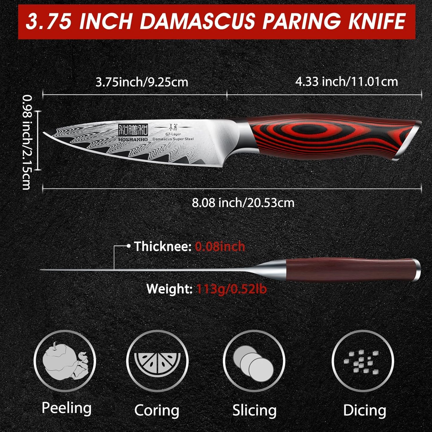 HOSHANHO Paring Knife 3.75 Inch Small Kitchen Knife, Super Sharp Damascus Steel Fruit Knife, Multifunctional Peeling Knife for Cutting Fruit Vegetables