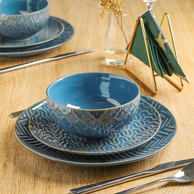 Sureasy 12-Piece Ceramic Dinnerware Set for 4 - Embossed Plates and Bowls Sets, Scratch Resistant Dish Set, Microwave, Oven & Dishwasher Safe, Blue
