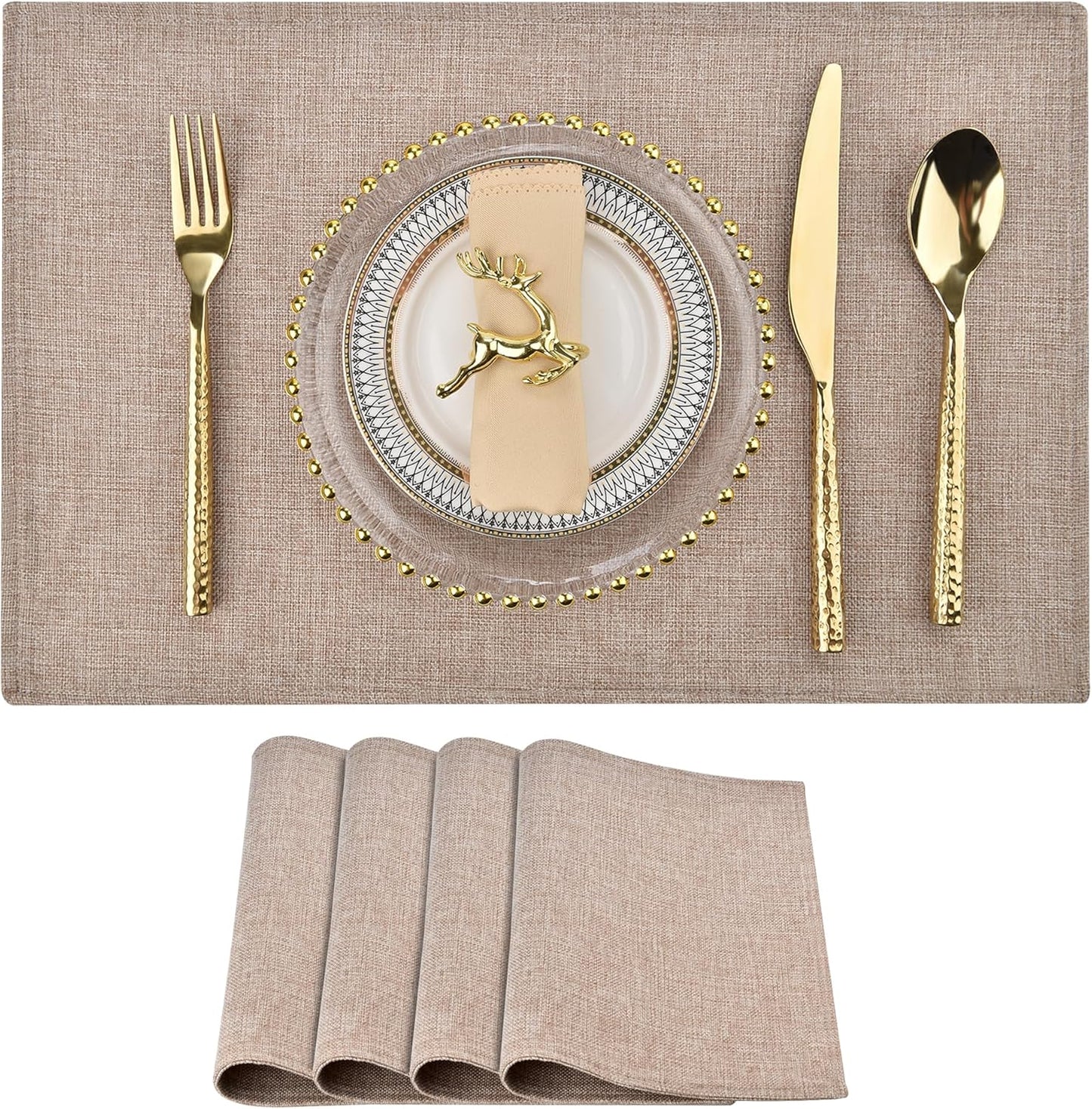 SLKQG Linen-Look Fabric Placemats Set of 4, Heat Resistant & Machine Washable Double-Layered Cloth Placemats for Dining Table, Indoor/Outdoor Use, Non-Slip Kitchen Table Mats (4, Natural Linen)