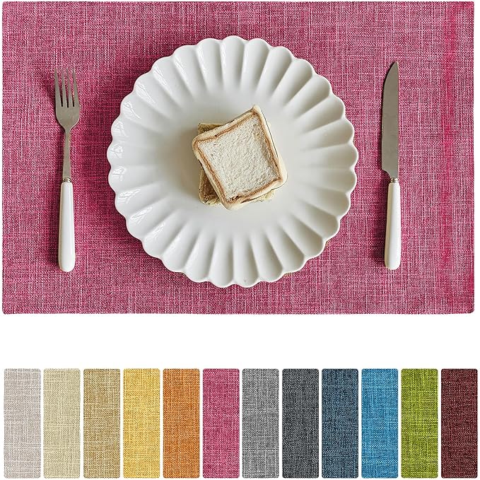 Softalker Faux Linen Placemats Set of 4-12 x 18 Inch, Heat Resistant Double Layered Durable Burlap Farmhouse Place Mats, Non-Slip Washable Rustic Table Mats for Dining, Kitchen, Party（Pink