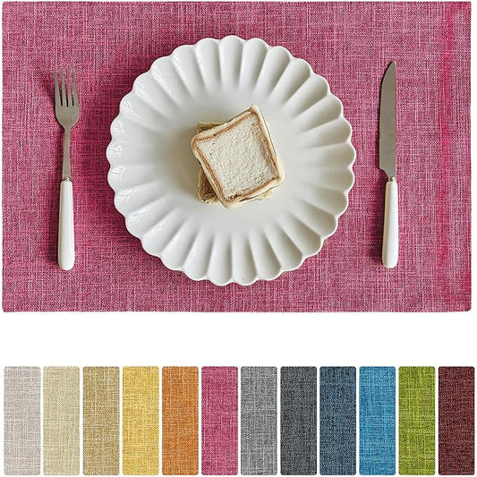 Softalker Faux Linen Placemats Set of 6-12 x 18 Inch, Heat Resistant Double Layered Durable Burlap Farmhouse Place Mats, Non-Slip Washable Rustic Table Mats for Dining, Kitchen, Party（Pink