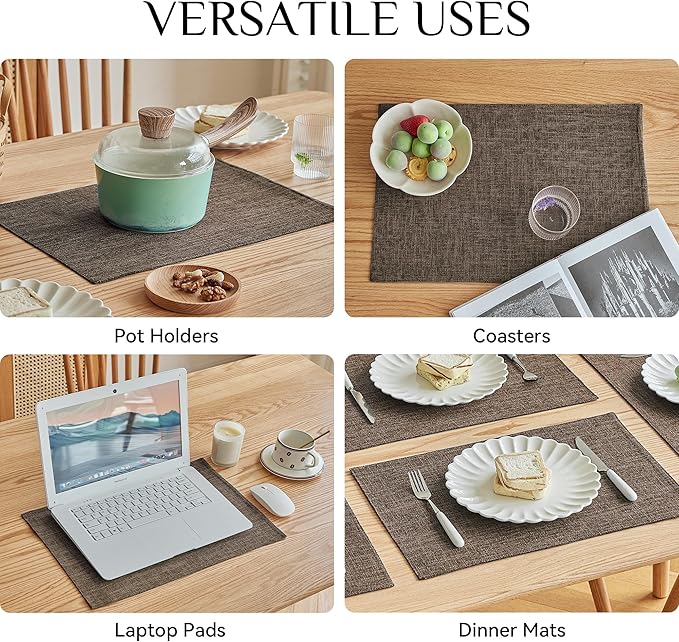Softalker Faux Linen Placemats Set of 4-12 x 18 Inch, Heat Resistant Double Layered Durable Burlap Farmhouse Place Mats, Non-Slip Washable Rustic Table Mats for Dining, Kitchen, Party（Brown