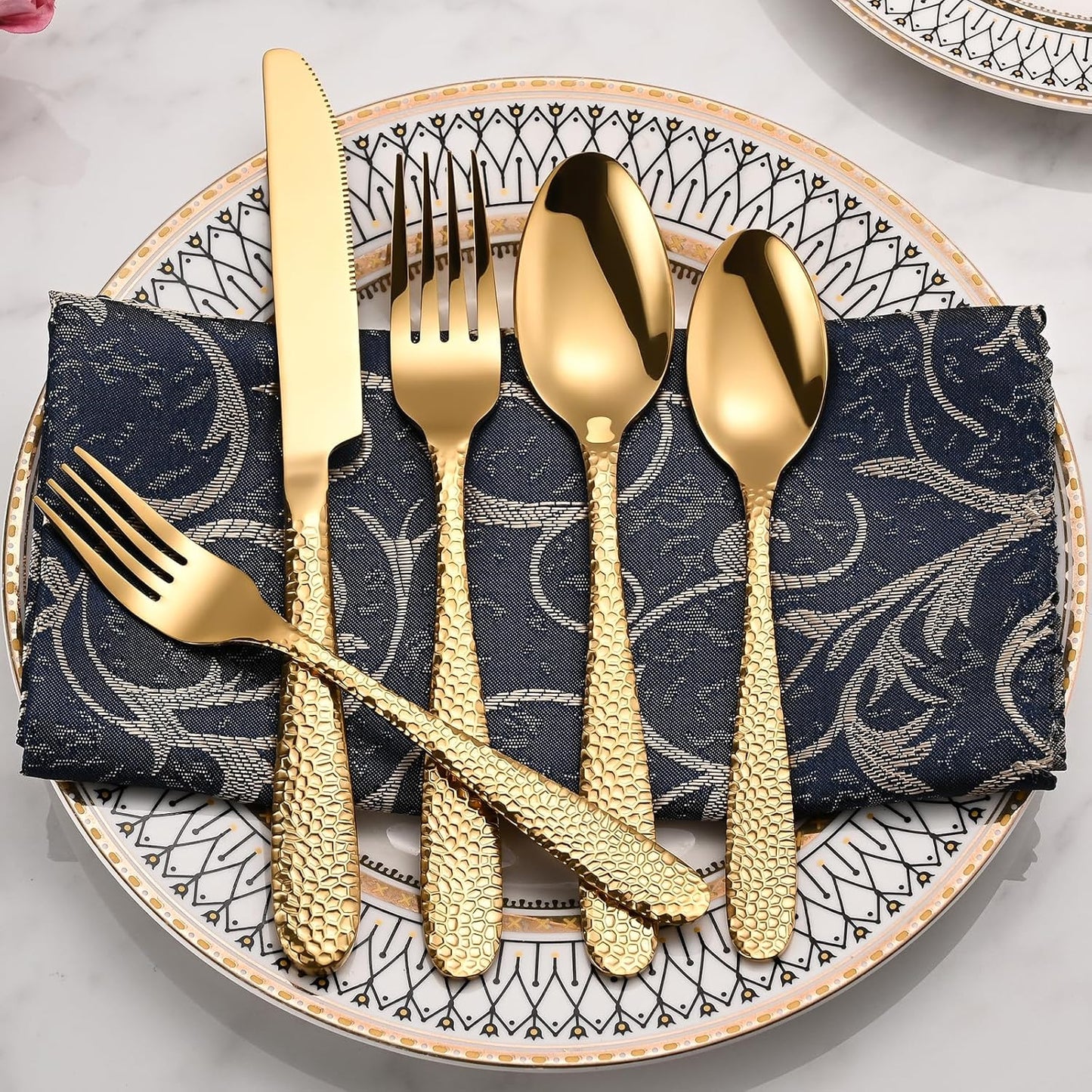 Gold Hammered Silverware Set, 40-Piece Heavy Duty Stainless Steel Flatware Sets for 8, Food-Grade Cutlery Set for Home Restaurant, Mirror Polished, Dishwasher Safe