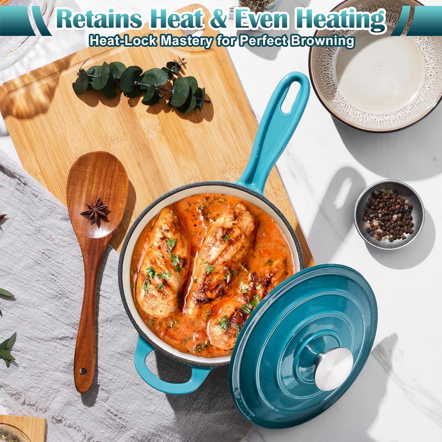 E-far Sauce Pan Set with Lid, 1Qt & 2Qt Enameled Cast Iron Pot Sets for Kitchen Cooking, Small Heavy Duty Dutch Oven Saucepans & Self-basting Lids, Induction-Ready & Easy Clean, Green