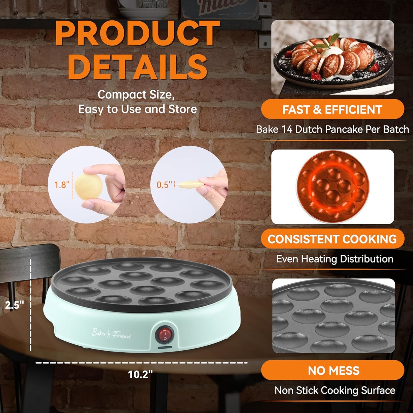 Baker's Friend Mini Pancakes Maker Machine, Dutch Mini Pancake Griddle, 14 Holes Electric Poffertjes Pan, Ideal for Breakfast, Snacks, Desserts & More