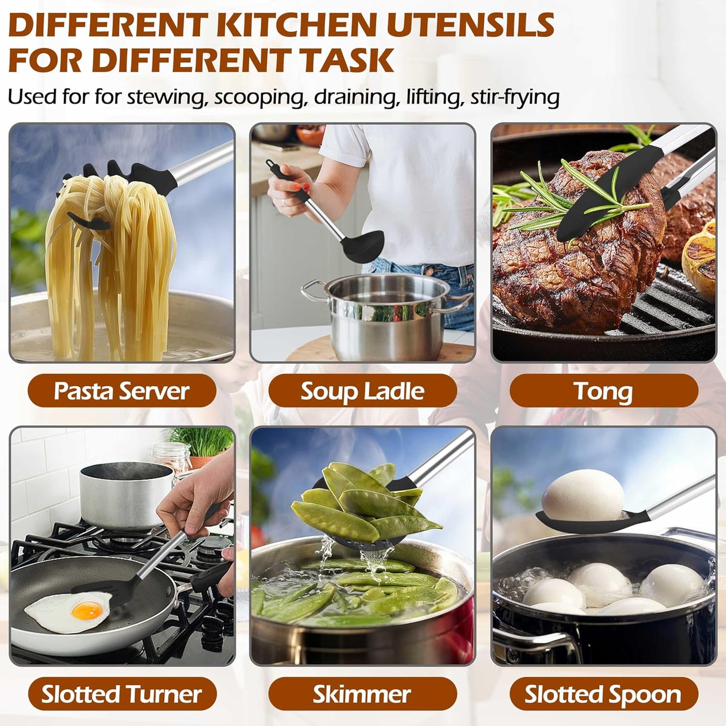 HaWare 29 PCS Silicone Cooking Utensils Set, Heat Resistant Kitchen Utensils Set with Stainless Steel Handle, Spatula Sets with Holder and Hooks, Kitchen Tools Gadgets for Nonstick Cookware -Black