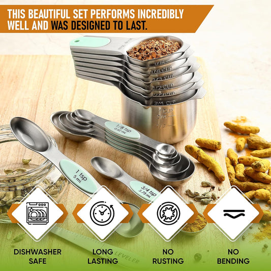 Spring Chef Magnetic Measuring Cups & Spoons Set, Patented, Strong N45 Magnets, Heavy Duty Stainless Steel Fits in Spice Jars for Baking & Cooking, BPA Free, Round Set of 15 with Leveler, Mint