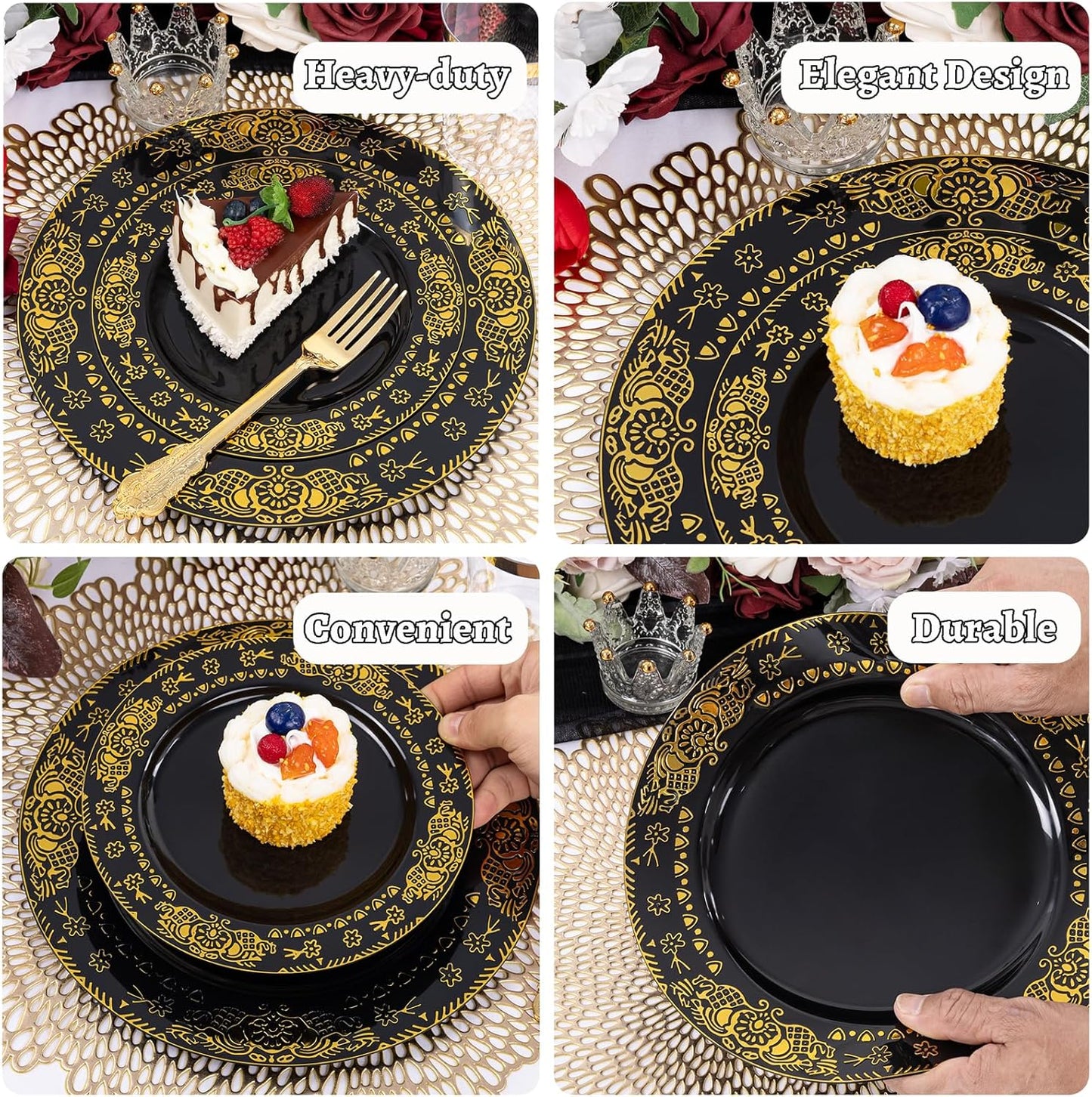 GATHER 350PCS Black and Gold Plastic Plates - Gold Disposable Dinnerware Set Include 50 Dinner Plates, 50 Dessert Plates, 150 Gold Plastic Silverware, 50 Napkins, 50 Cups for Wedding & Halloween