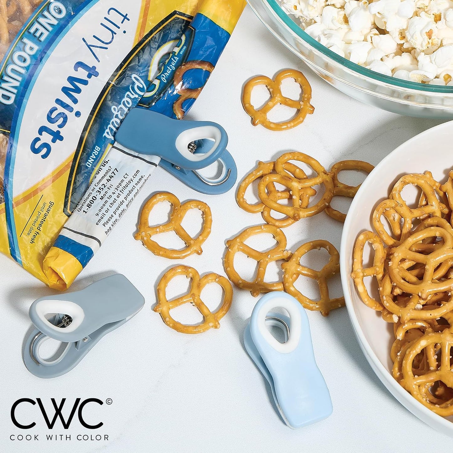 COOK WITH COLOR Bag Clips with Magnet - Chip Clips, Food Storage with Airtight Seal Grip for Bread, Snack and Food Bags (Blue and Grey, Pack of 10)