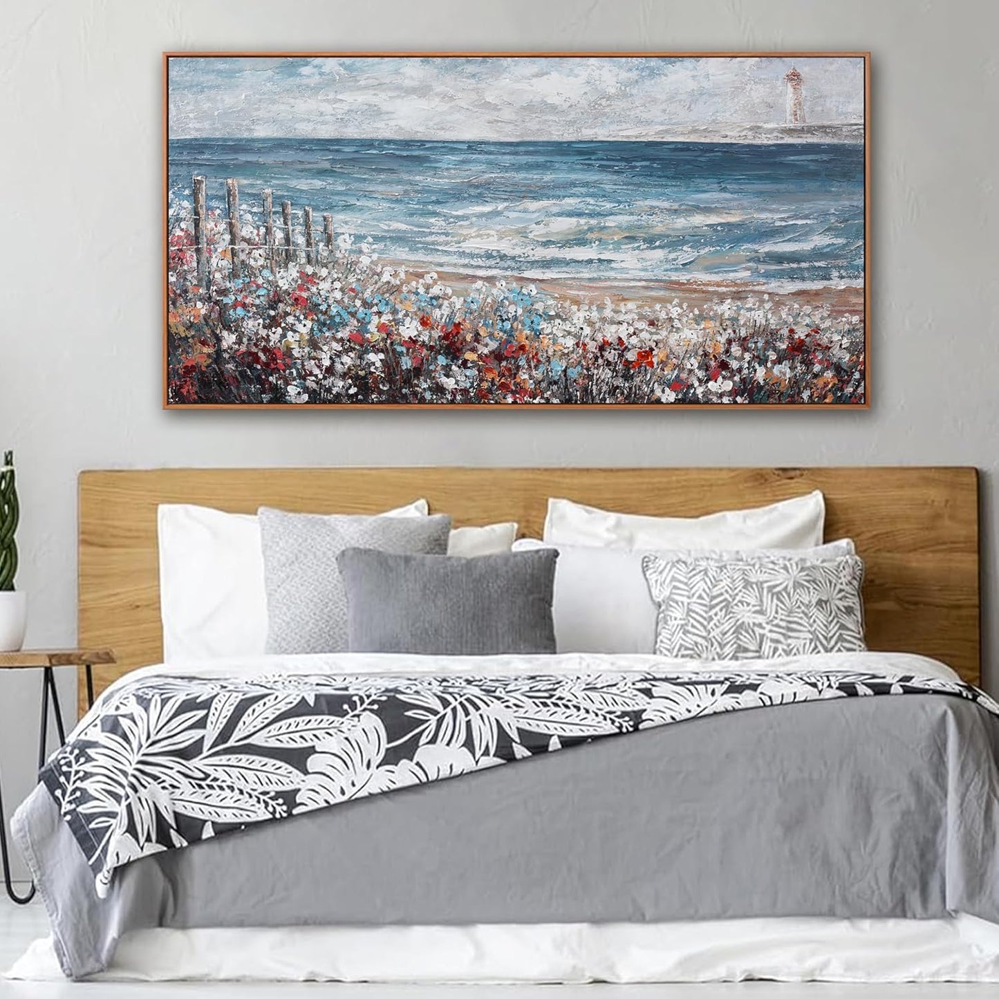 Wall Art Decor Wall Canvas Painting Blue Sea Colorful flowers Landscape Decor Framed For Living Room Bedroom Dining Room Home Office Modern Artwork Home Decoration 24" x 48"