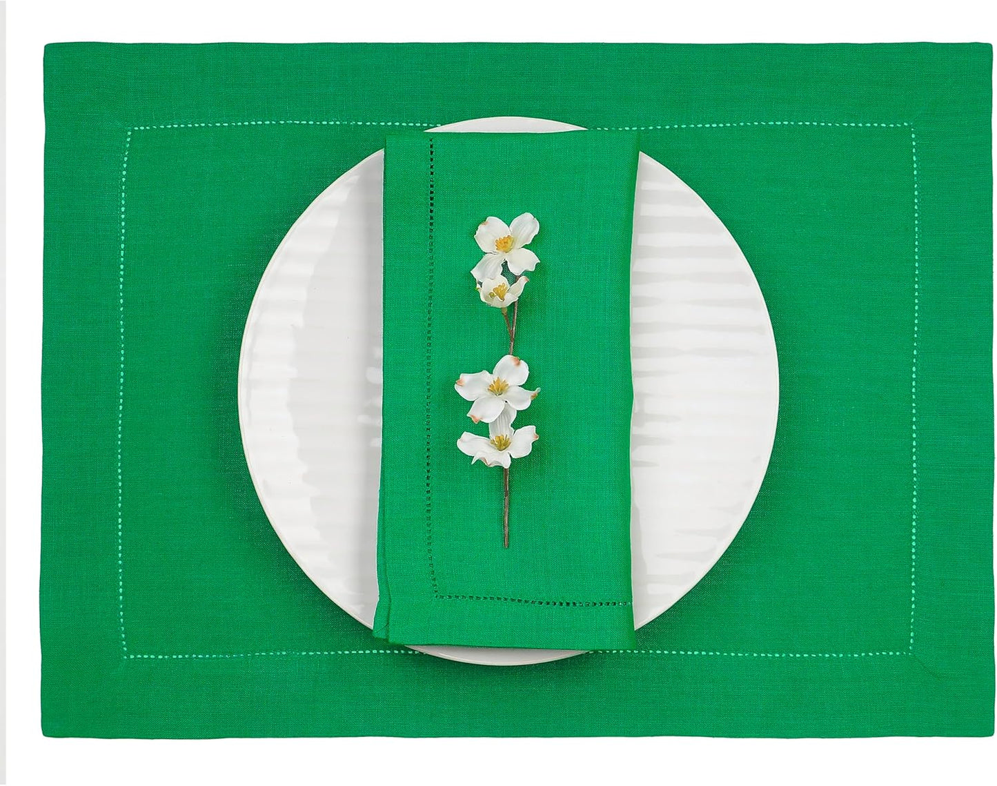 D'Moksha Homes Linen Placemats Set of 4 - Classic Hemstitch Kelly Green Placemats 14 x 19 Inch - 100% Pure Linen Table Mats for Fall, Autumn and Halloween - Handcrafted and Machine Washable