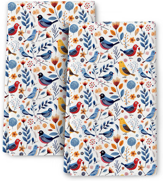Floral Birds Kitchen Towels Decorative Set of 2 with Hanging Loop, Absorbent Spring Summer Dish Towels for Kitchen,Birds Lover Gifts Farmhouse Tea Towels Hand Towels for Kitchen Decor