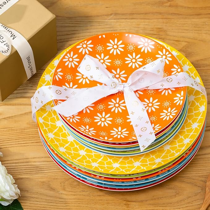 AntoKueh Porcelain Dinner Plates Set of 6, 8 Inch Ceramic Plates - Vintage Colorful Design for Salad, Pasta, Steak - Scratch, Chip Resistant, Dishwasher & Microwave Safe