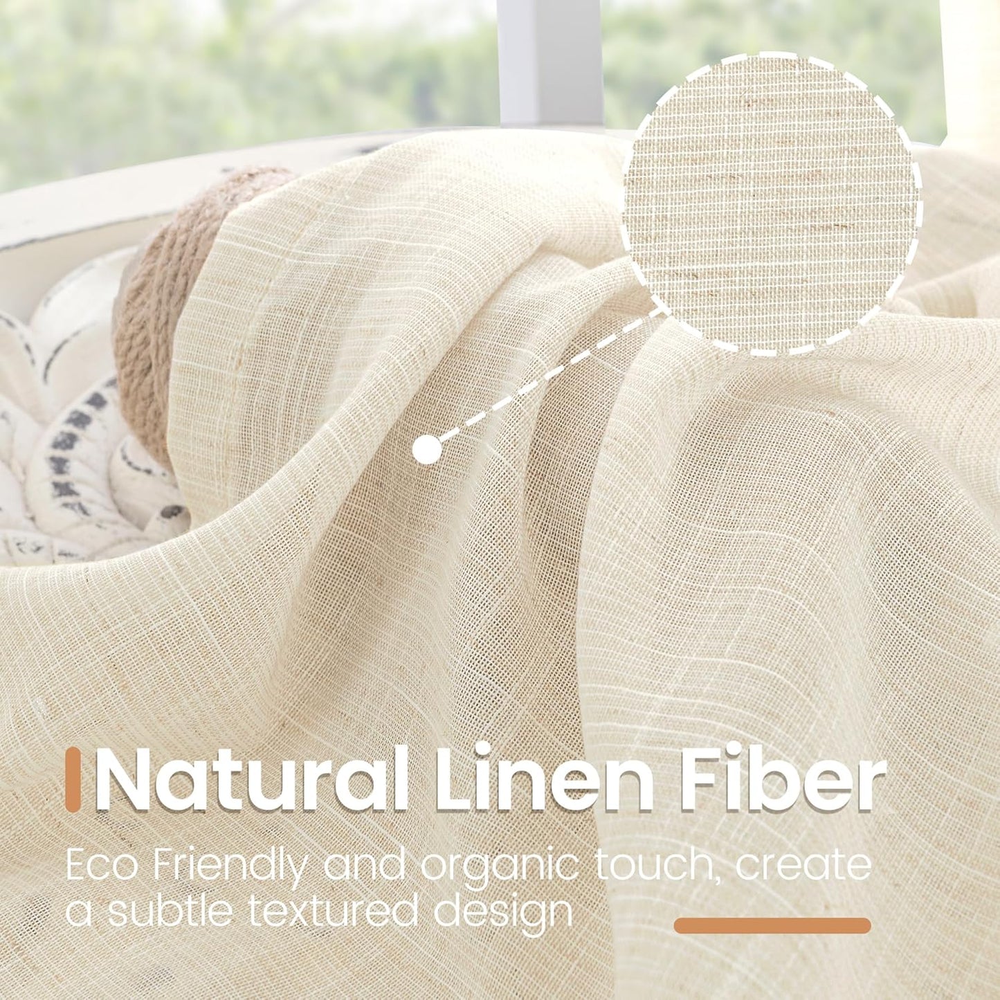 BGment Short Linen Curtains 36 Inch Length for Kitchen Window - Semi Sheer Beige Small Drapes Textured Rustic Natural Rod Pocket for Cafe Lightweight Decorative, 2 Panels, Each Panel 42 Inch Wide