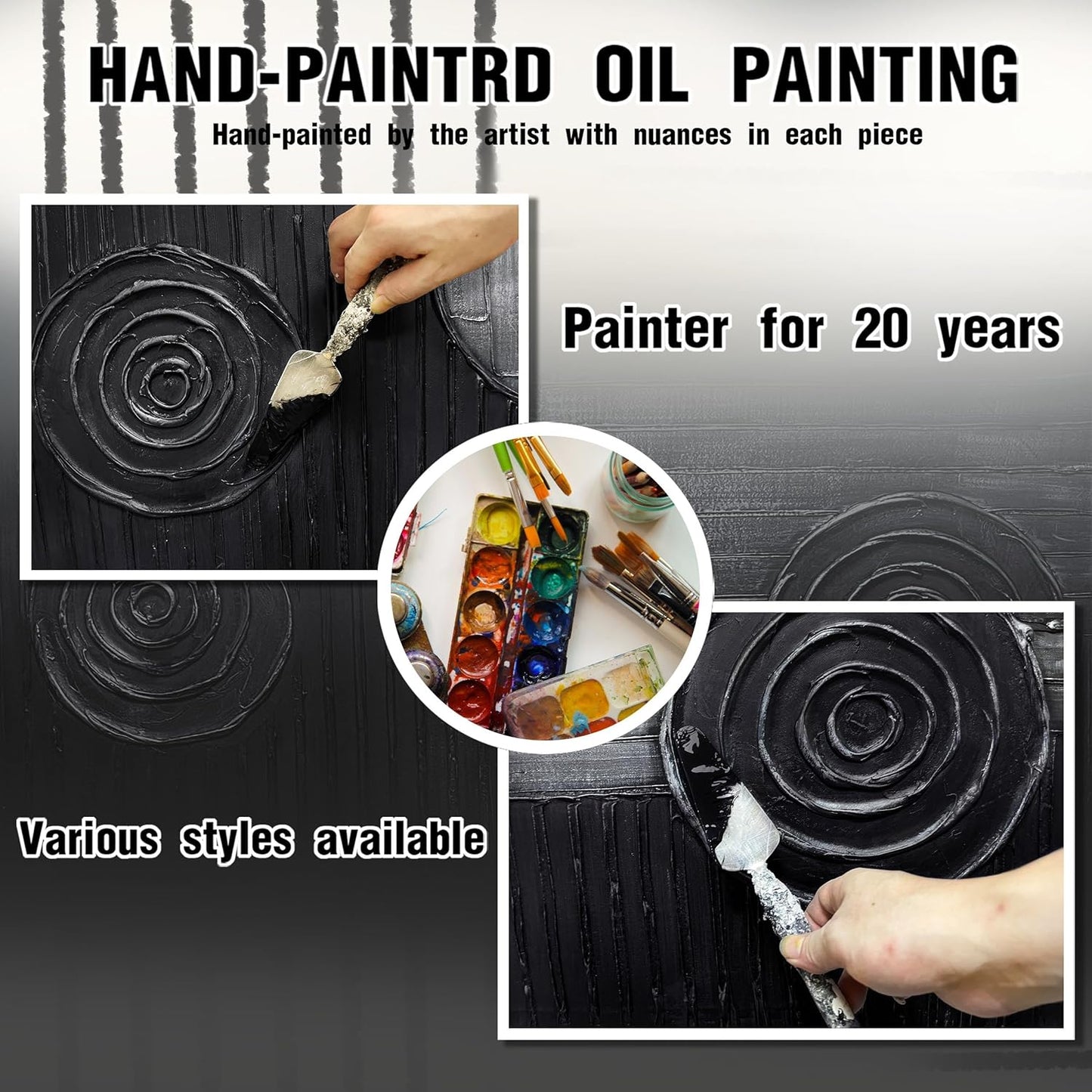 Abstract Oil Painting Wall Art Bedroom Black and Silver Canvas Wall Art for Living Room Circles Pictures Wall Decor for Kitchen Size 20 x 40 Inch