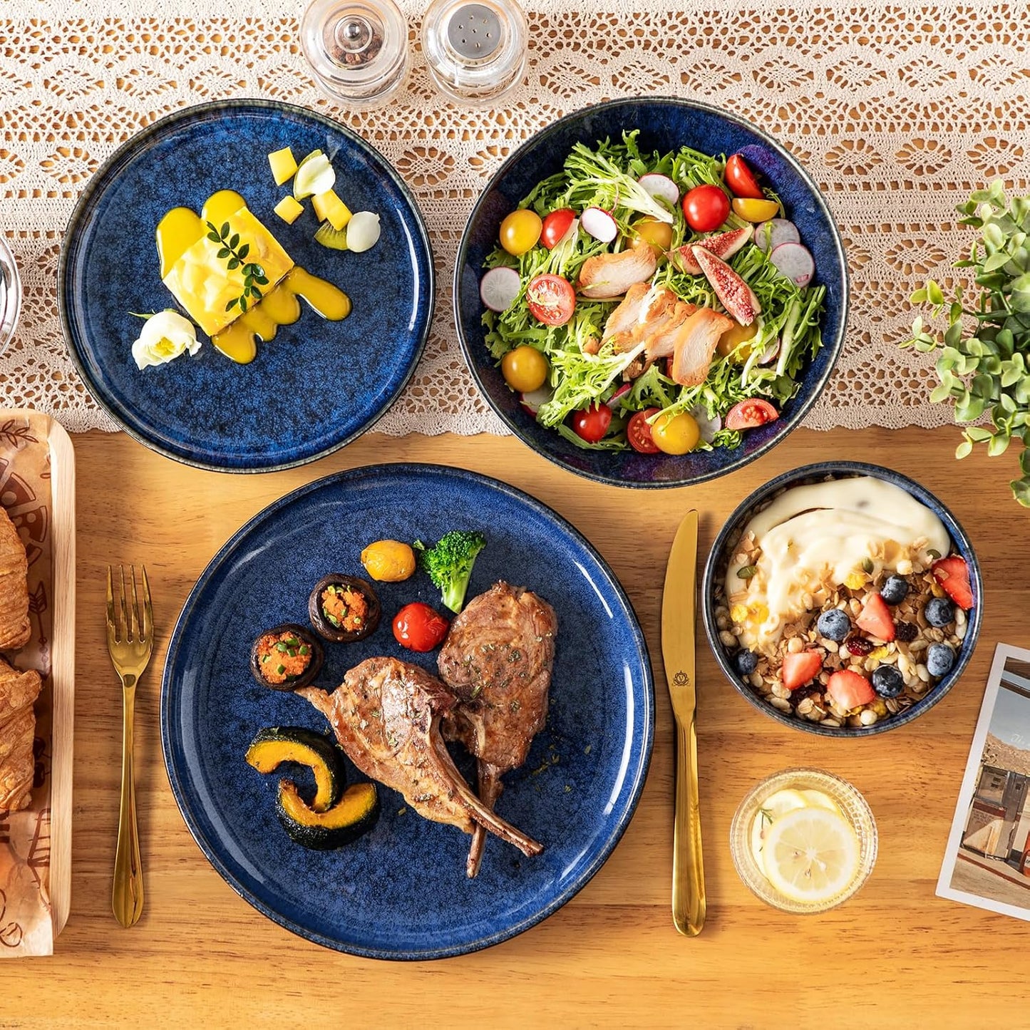 vancasso Starry Plates and Bowls Sets for 6, 24 Pieces Dinnerware Sets, Blue Reactive Glaze Dishes Sets for Kitchen, Scratch Resistant Stoneware Dishes Set, Dishwasher and Microwave Safe