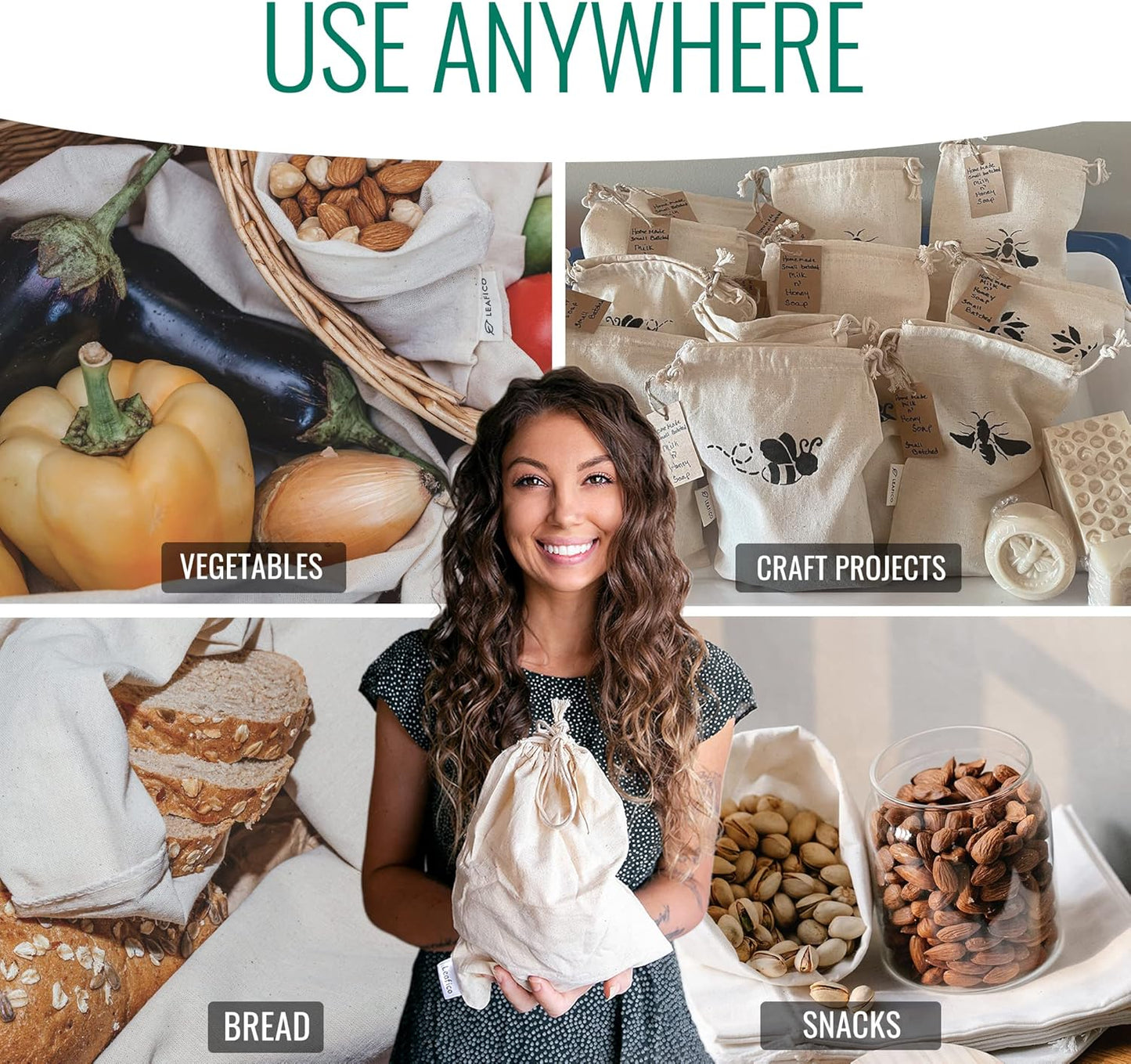 LEAFICO Multipurpose Eco Cloth Bags - Large 10x12 Inch (12 Pack) - Cotton Produce Storage Sacks - Muslin Drawstring Pouches for Vegetables - Bread Bags - Linen Fabric Sachets