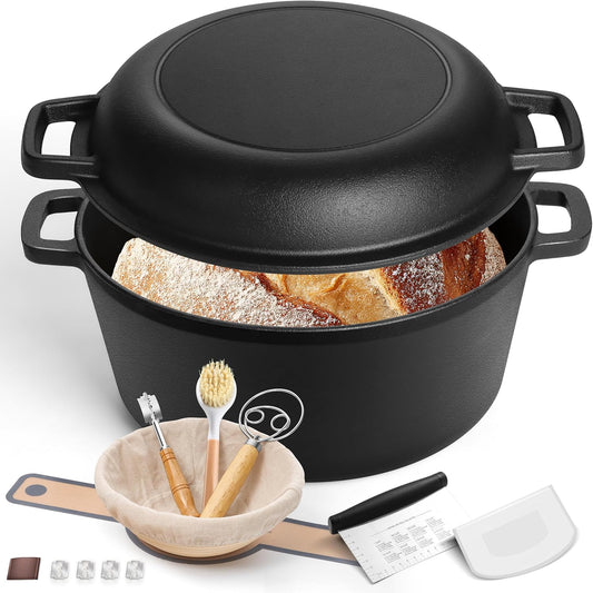 E-far 5QT Dutch Oven for Bread Baking, 2-IN-1 Cast Iron Pot with Skillet Lid & Sourdough Starter Kit, Bread Oven Pan with Baking Supplies for Frying, Braising, BBQ, Rust-Free & Heavy Duty
