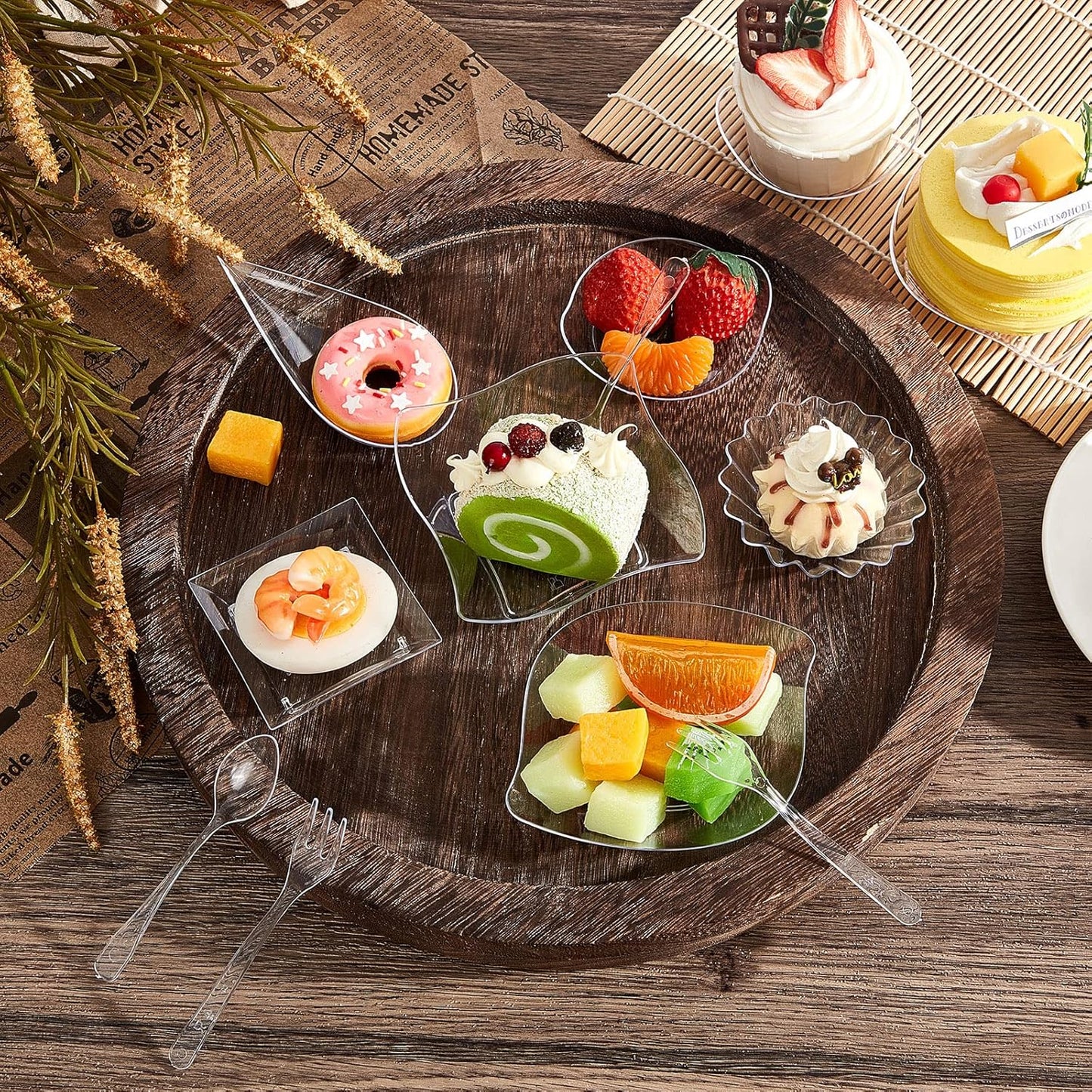 Tessco 1200 Pcs Mini Appetizer Plates Set Including 600 Pcs 6 Shapes Disposable Mini Dessert Cups 300 Spoons 300 Forks for Party Wedding Pudding Ice Cream(Clear)