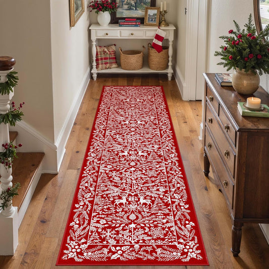 Christmas Runner Rugs 2x8 Machine Washable Hallway Rugs Low Pile Carpet Red Snowflake Non-Slip Indoor Doormat Christmas Deer Long Carpet for Bedroom Kitchen Entryway Bathroom Laundry Room