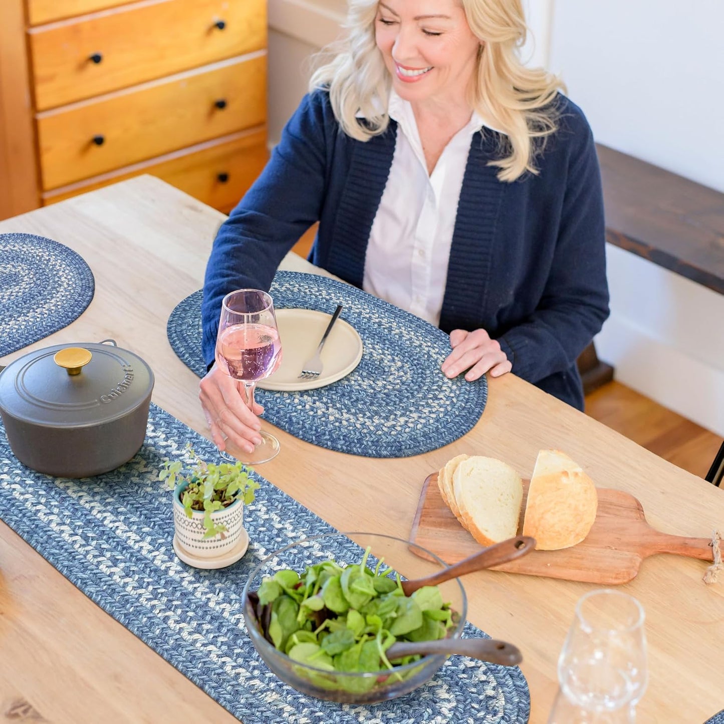 Homespice Denim Braided Oval Table Runner, Country Coastal Decor, Blue 11x36 - Jute Dining Table Accessories - Rich Colors, Easy to Clean, Durable and Protects Furniture