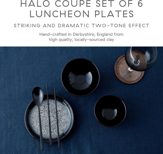 Denby - Halo Coupe Salad Plates Set of 6-8.25 Inch Reactive Glaze, Dishwasher Microwave Oven Safe - Scratch Chip Resistant Lunch, Appetizer, Dessert Plates - Grey, Black Stoneware Dinnerware Set