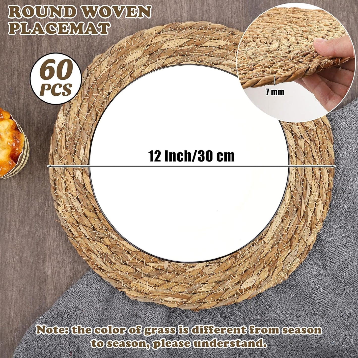 Set of 60 Round Woven Placemats 12 Inches Bulrush Placemats Natural Hand-Woven Boho Rattan Placemat Wicker Table Mats Farmhouse Weave Place Mats for Home Dining