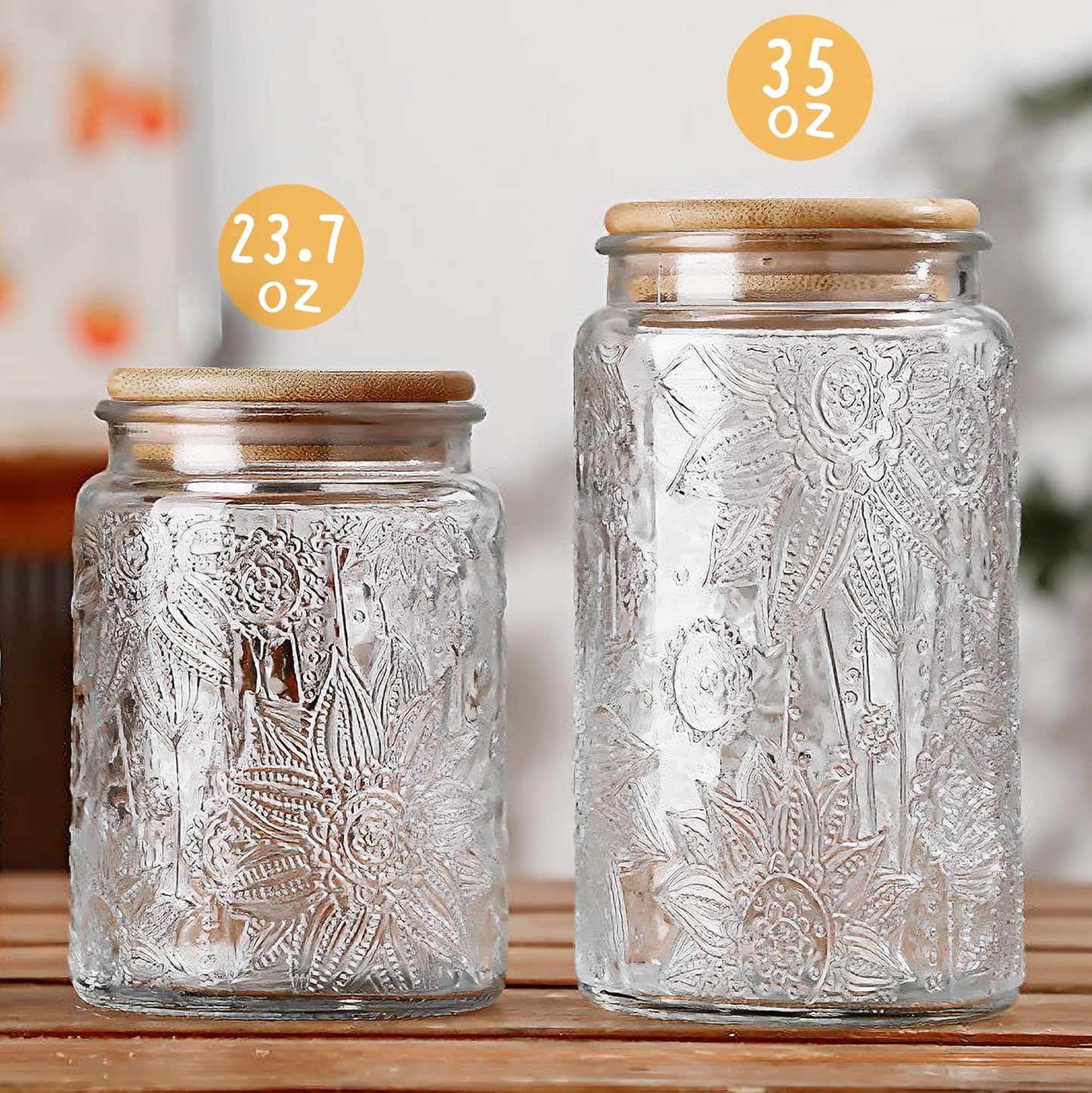 Glass Storage Jars with Airtight Bamboo Lid, 35 FL oz - Decorative Food Canisters for Kitchen Counter, Ideal for Sugar, Coffee, Tea, Candy, Cookies (35oz Large Sunflower)