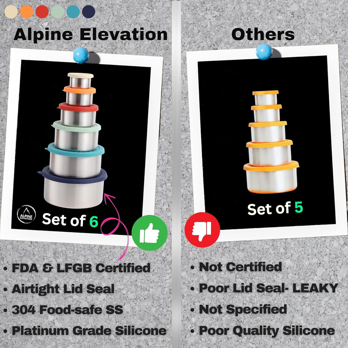 12 Pcs - 6 Stainless Steel Containers + 6 Silicone Lids | 304 Stainless Steel Snack Container | Nesting Snack and Dip Containers | Metal Food Storage