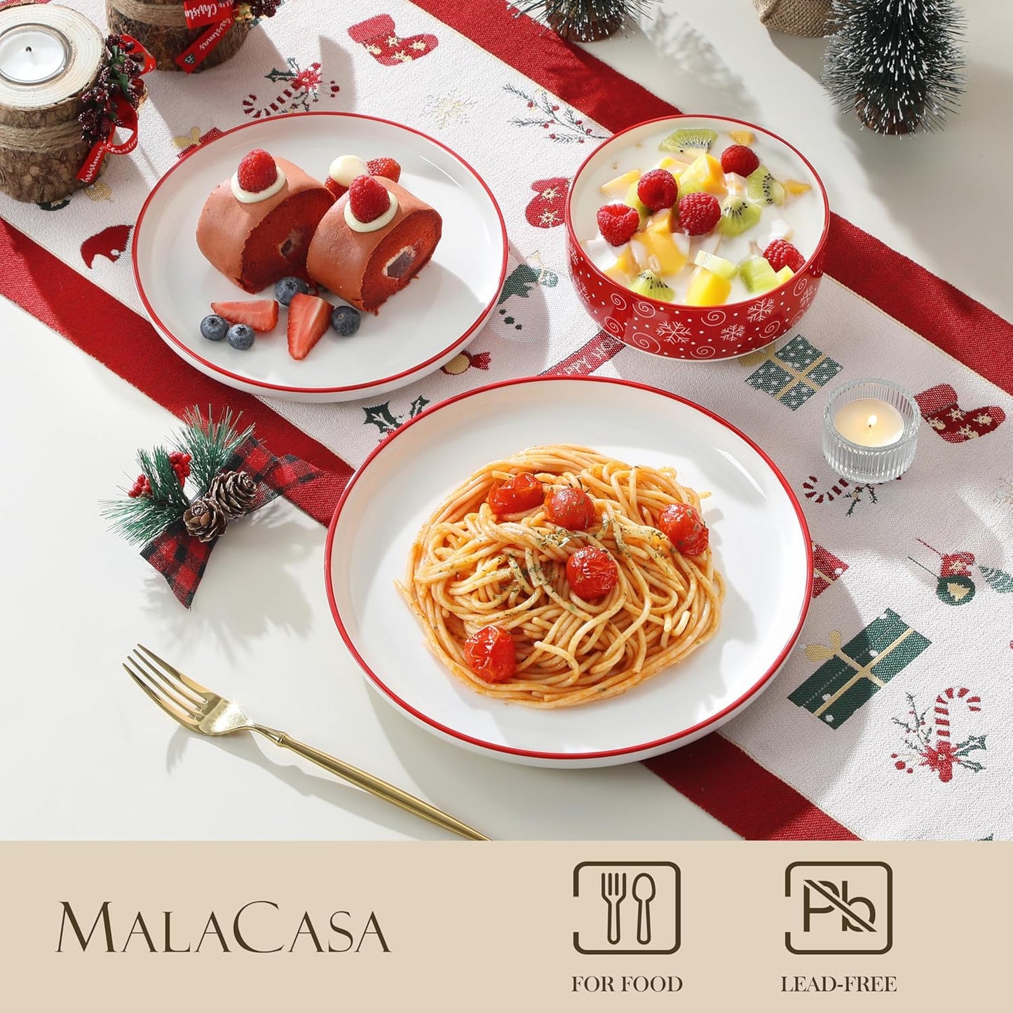 MALACASA Plates and Bowls Sets, 18 Pieces Christmas Porcelain Dinnerware Set for 6, Ceramic Dishware Dishes Kitchen Dining Ware Set, Microwave and Dishwasher Safe, Series LUNA-Christmas Tree