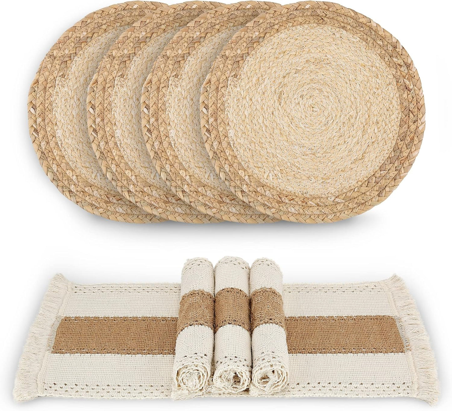 Handmade Boho Placemats Set of 4 - Natural Cotton Burlap and Water Straw Woven Combination Table Mats, Macrame Décor and Farmhouse Style Placemats, for Dining Table Kitchen