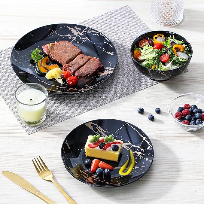 LOVECASA Plates and Bowls Sets for 4, 12 Pieces Porcelain Dinnerware Sets, Black and Gold Dish Set Gold Splash Dishware Sets, Dishwasher Microwave Safe