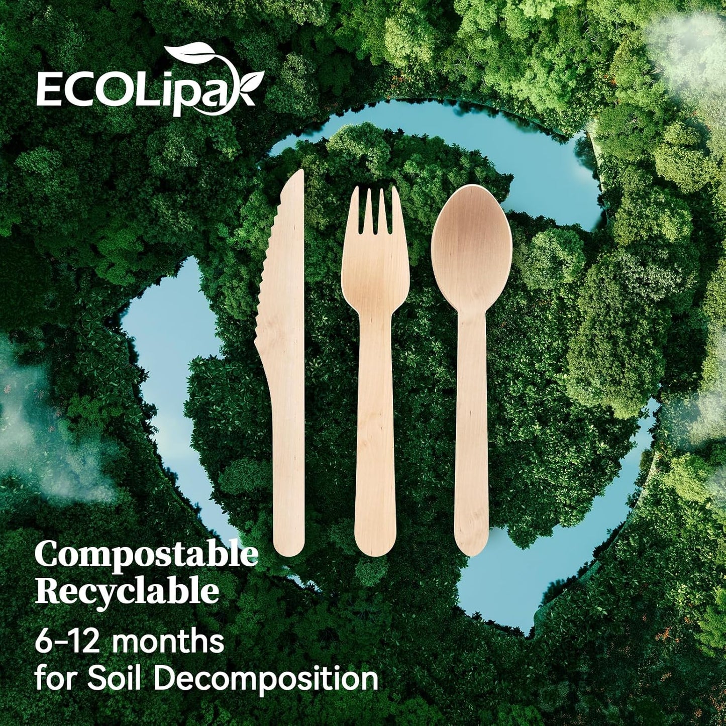 ECOLipak 300 Count Disposable Wooden Cutlery Set, 100 Knives, Forks and Spoons each, Splinter-Free Compostable Wooden Disposable Utensils for Party, Camping, Traveling, Family Dinners
