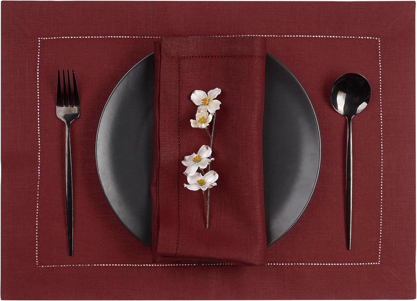 D'Moksha Homes Linen Placemats Set of 4 - Classic Hemstitch Dark Red Placemats 14 x 19 Inch - 100% Pure Linen Table Mats for Fall, Autumn and Halloween - Handcrafted and Machine Washable