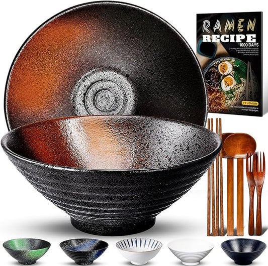 9.4Inch Ceramic Ramen Bowl Set of 2 (9 Piece) - Porcelain Japanese Salad Noodles Cereal Fruit Pasta Soup Large Bowls with Recipes Chopsticks Forks Spoons for Men Women Gift Microwave Dishwasher Safe