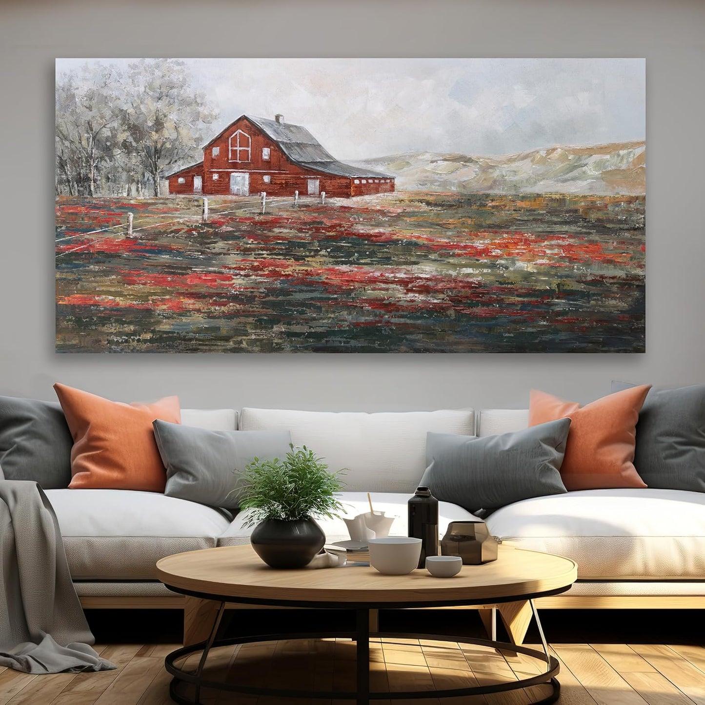 Farmhouse Wall Art Canvas Picture Red Rustic Barn Farm Artwork Decor Country Landscape Panoramic Countryside Rural Nature Scene Painting for Living Room Bedroom Office Decor Wall Decor 20"x40"