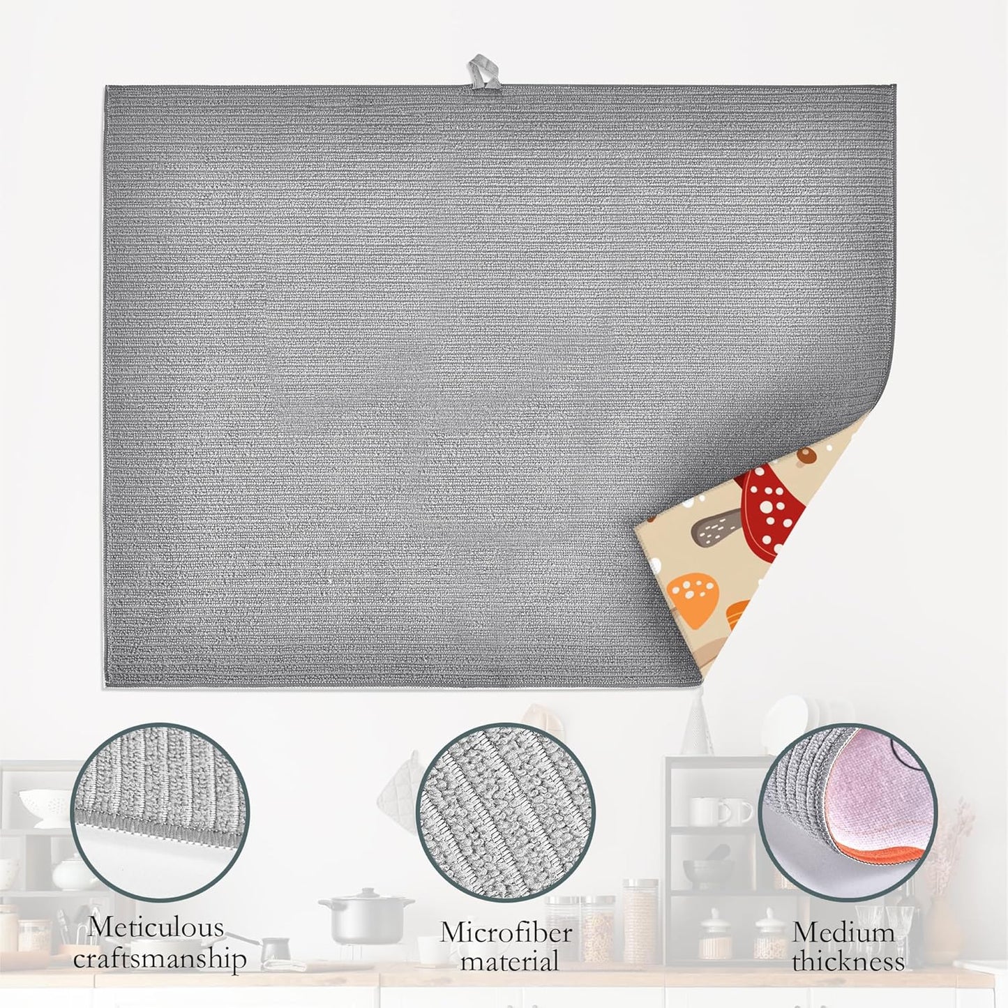 Funny Mushrooms Dish Drying Rack Mats Decor,Green Leaves Dish Pad Drying Mat Kitchen Counter 18x24 Inch Absorbent Reversible Microfiber for Coffee Bar Sink Countertop