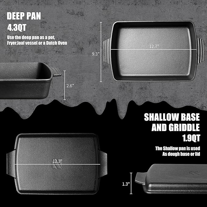 2-In-1 Pre Seasoned Cast Iron Dutch Oven With Skillet Lid,Casserole Dish,Rectangular Baking Pan,Griddle Pot Set, 6QT, 9"x13"