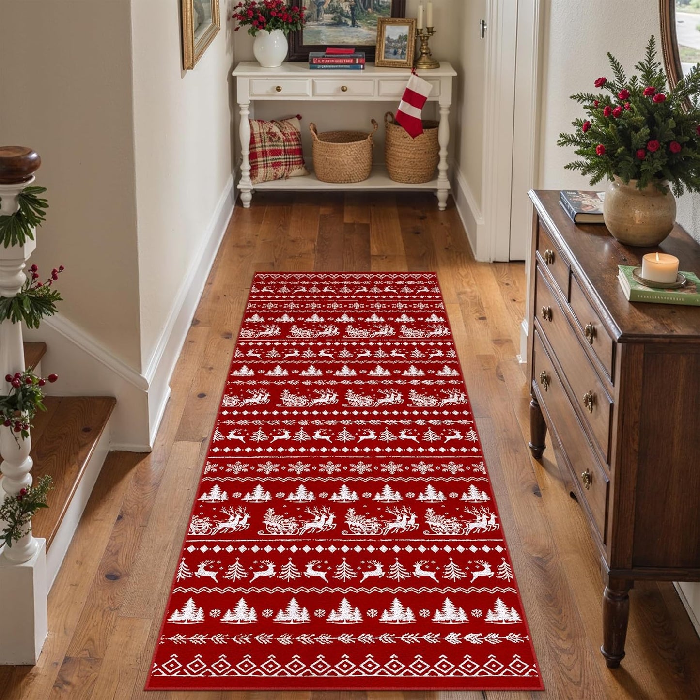 2x5 Christmas Runner Rug Red Washable Carpet Xmas Elk Holiday Decor Kitchen Non Slip Soft Low Pile Carpet Indoor Throw Snowflake Rug Laundry Room Living Room Bedroom Dining Room