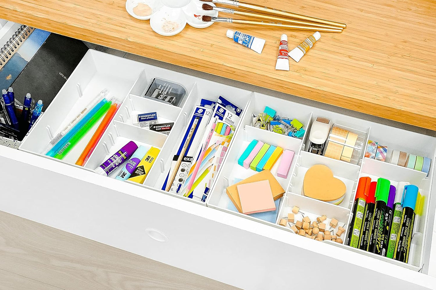 CAXXA 3 Slot Drawer Organizer with 4 Adjustable Dividers - Drawer Storage 7 Compartments Junk Drawer Organizer for Office Desk Supplies and Accessories, White