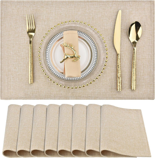 SLKQG Linen-Look Placemats Set of 8, Heat Resistant & Machine Washable Double-Layered Cloth Placemats for Dining Table, Indoor/Outdoor Use, Wrinkle-Free and Non-Slip Kitchen Table Mats (8, Beige)