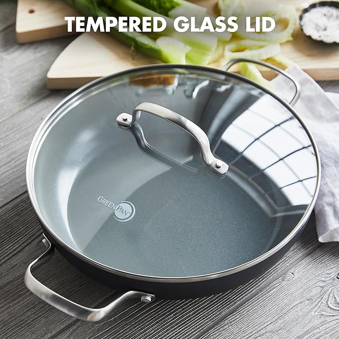 GreenPan Chatham Hard Anodized Healthy Ceramic Nonstick, 11" Everyday Frying Pan Skillet with 2 Handles and Lid, PFAS-Free, Dishwasher Safe, Oven Safe, Gray