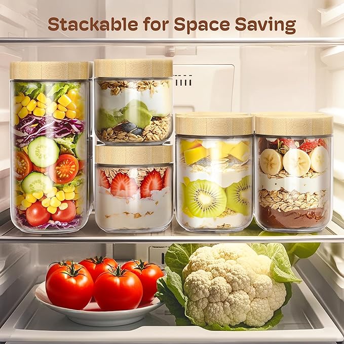 6 pack 24oz Overnight Oats Containers with Bamboo Lids, Glass Jars with Airtight Lids for Meal Prep, Wide Mouth Mason Salad Jars, Glass Food Storage Container for Yogurt Chia Snacks Spice Sugar