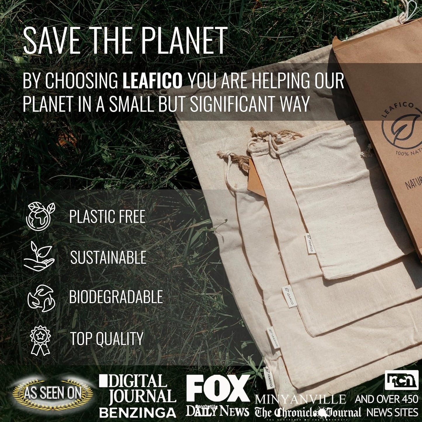 LEAFICO Muslin Cloth Bags with Drawstrings - Set of 8 (S, M, L, XL) - Reusable Natural Cotton Bags for Bulk Food Storage - Canvas Fabric Sachets